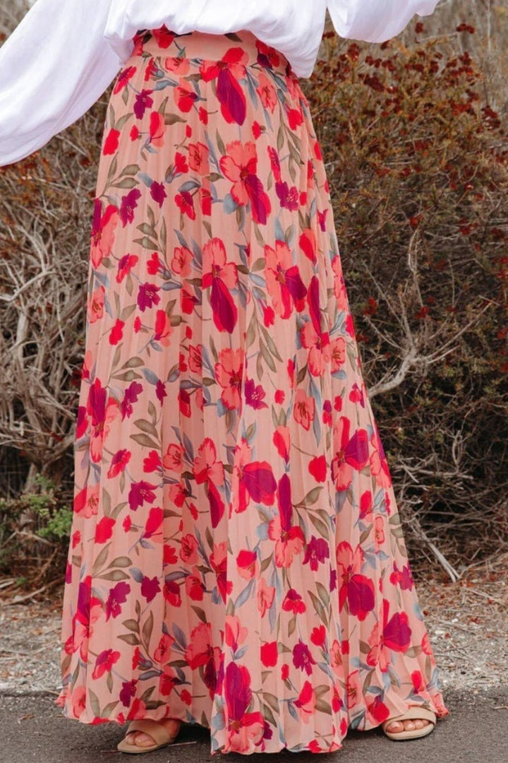 Printed Elastic Waist Pleated Maxi Skirt - SharpDuds