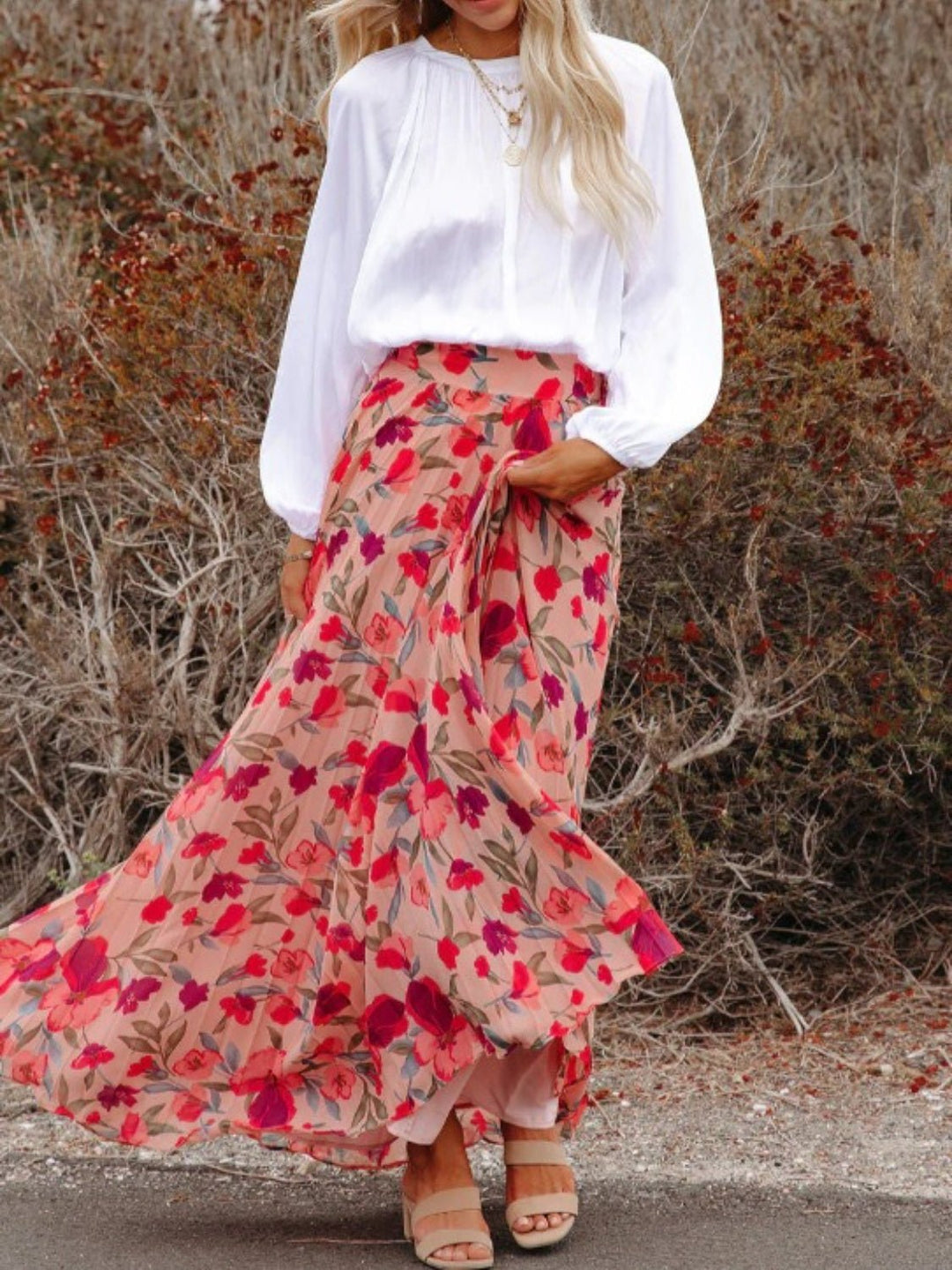 Printed Elastic Waist Pleated Maxi Skirt - SharpDuds