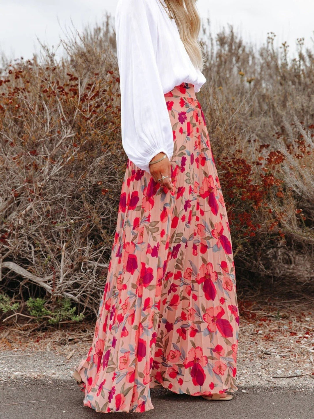 Printed Elastic Waist Pleated Maxi Skirt - SharpDuds