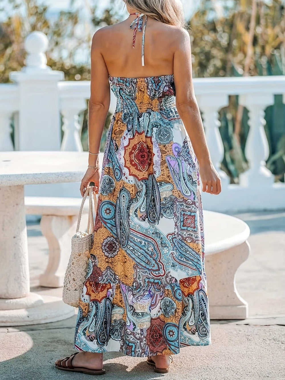 Printed Halter Neck Maxi Dress - SharpDuds