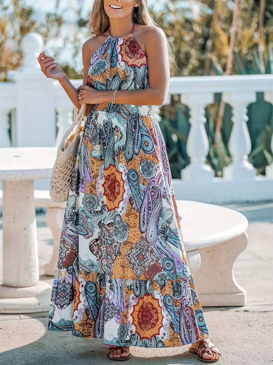 Printed Halter Neck Maxi Dress - SharpDuds