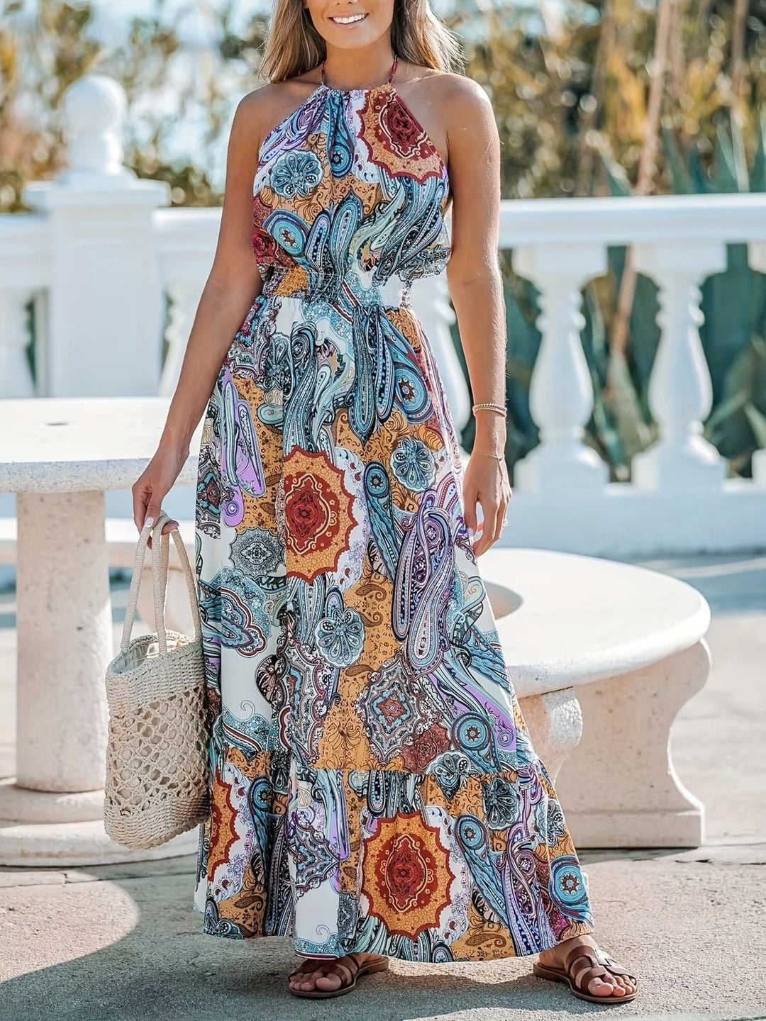 Printed Halter Neck Maxi Dress - SharpDuds