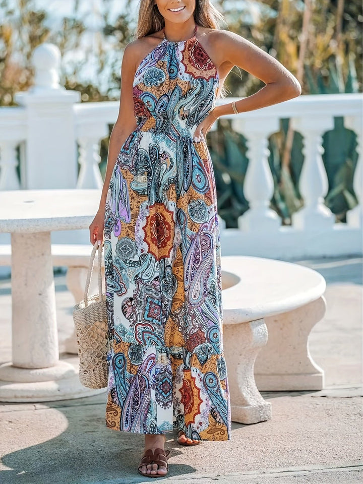 Printed Halter Neck Maxi Dress - SharpDuds