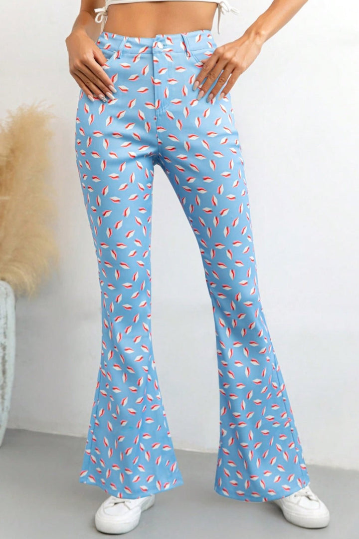 Printed High Waist Flare Pants with Pockets - SharpDuds