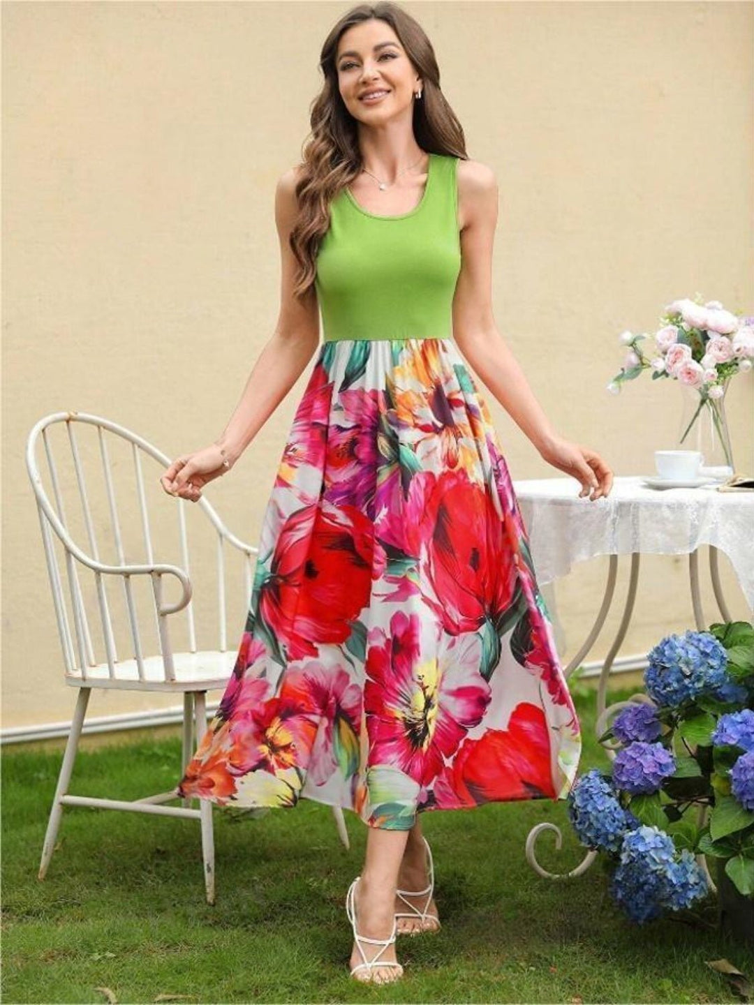 Printed Round Neck Sleeveless Dress - SharpDuds