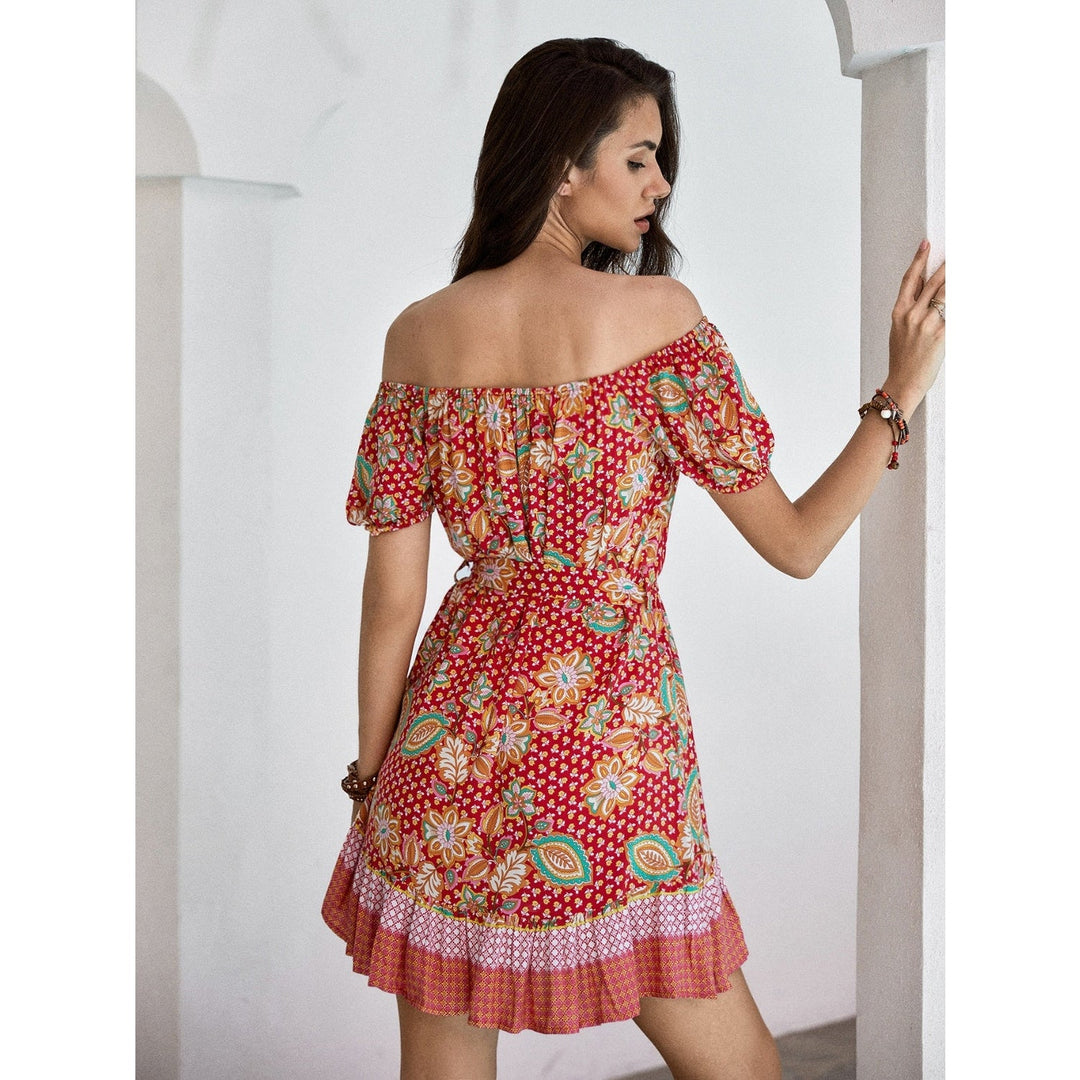 Printed Short Sleeve Tie Waist Mini Dress - SharpDuds