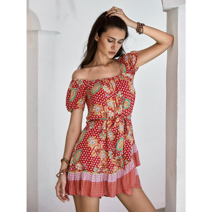 Printed Short Sleeve Tie Waist Mini Dress - SharpDuds