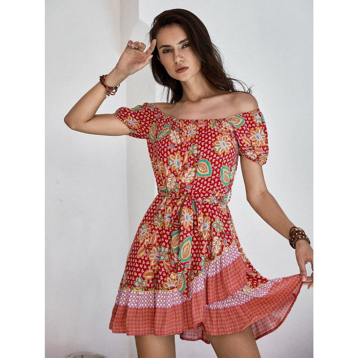 Printed Short Sleeve Tie Waist Mini Dress - SharpDuds