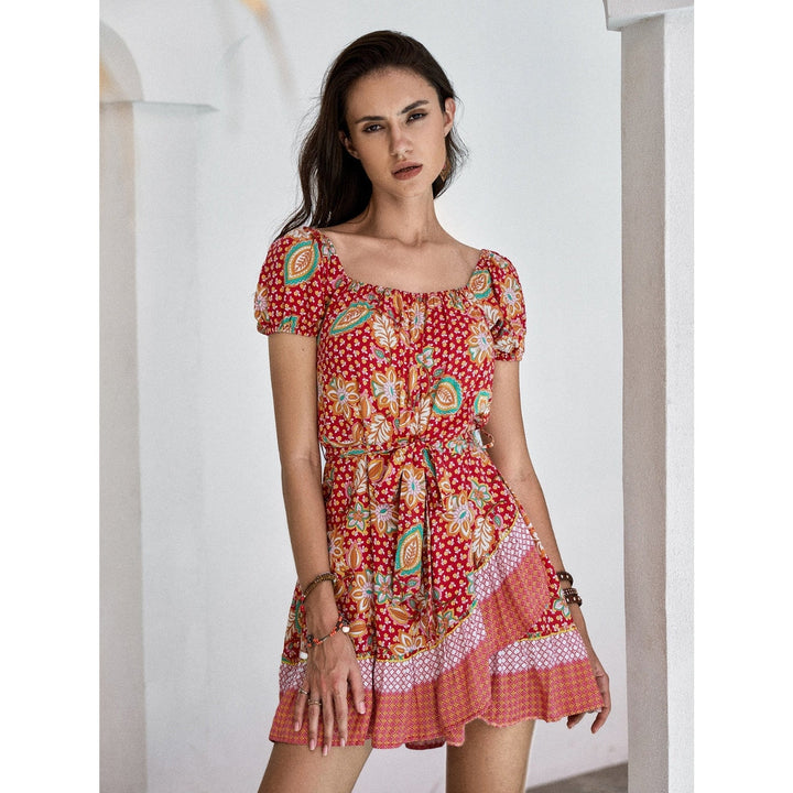 Printed Short Sleeve Tie Waist Mini Dress - SharpDuds