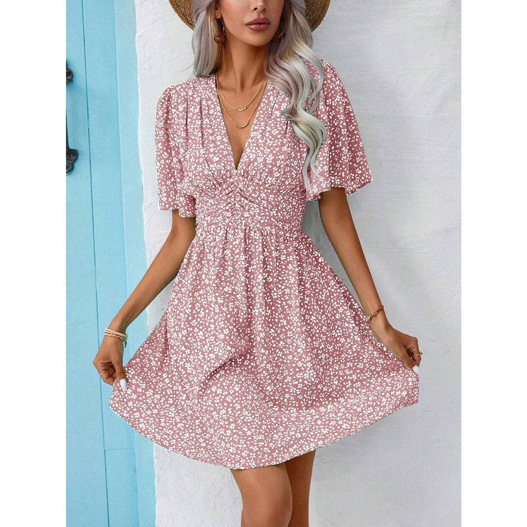 Printed V - Neck Half Sleeve Mini Dress - SharpDuds