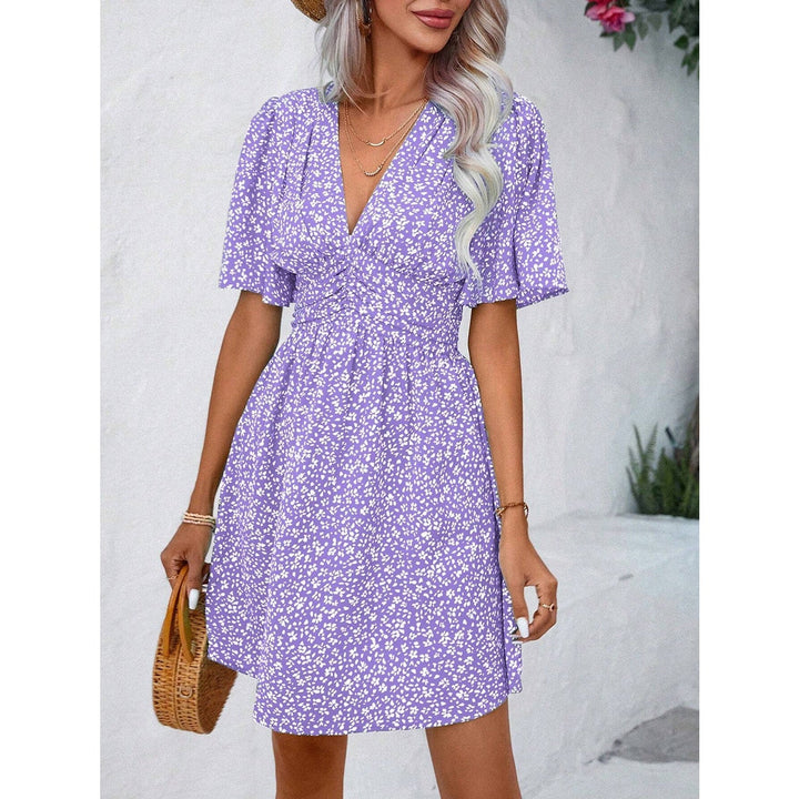 Printed V - Neck Half Sleeve Mini Dress - SharpDuds