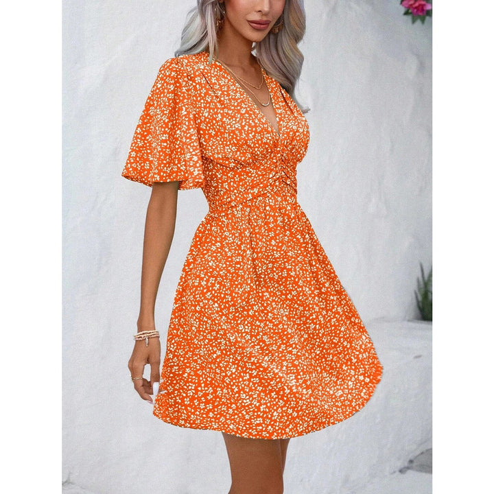 Printed V - Neck Half Sleeve Mini Dress - SharpDuds