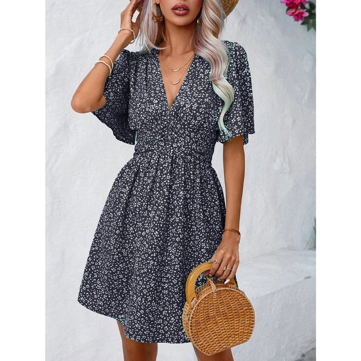 Printed V - Neck Half Sleeve Mini Dress - SharpDuds