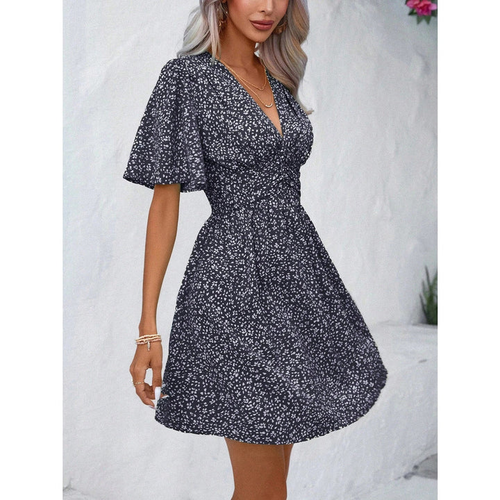 Printed V - Neck Half Sleeve Mini Dress - SharpDuds