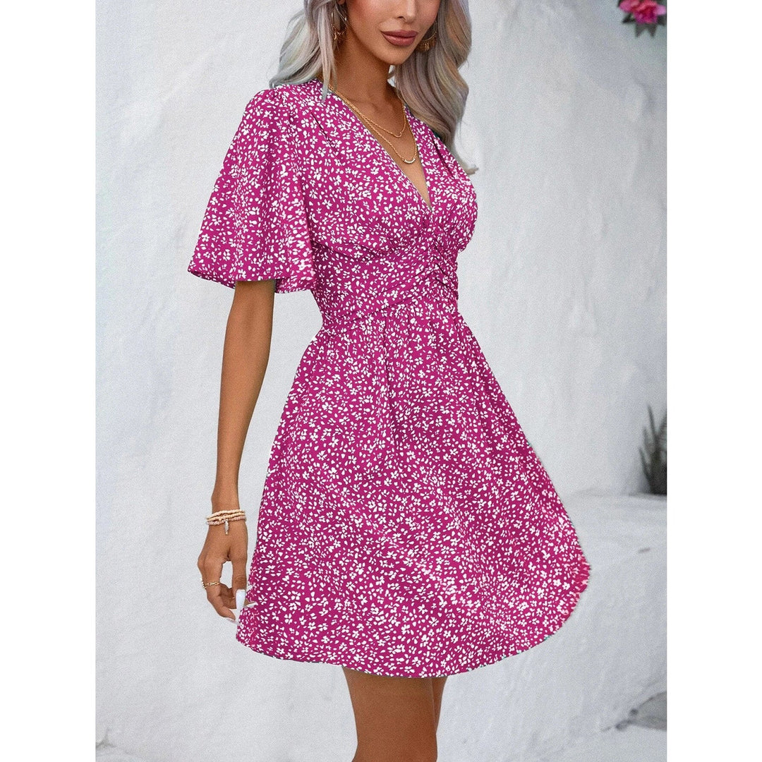 Printed V - Neck Half Sleeve Mini Dress - SharpDuds