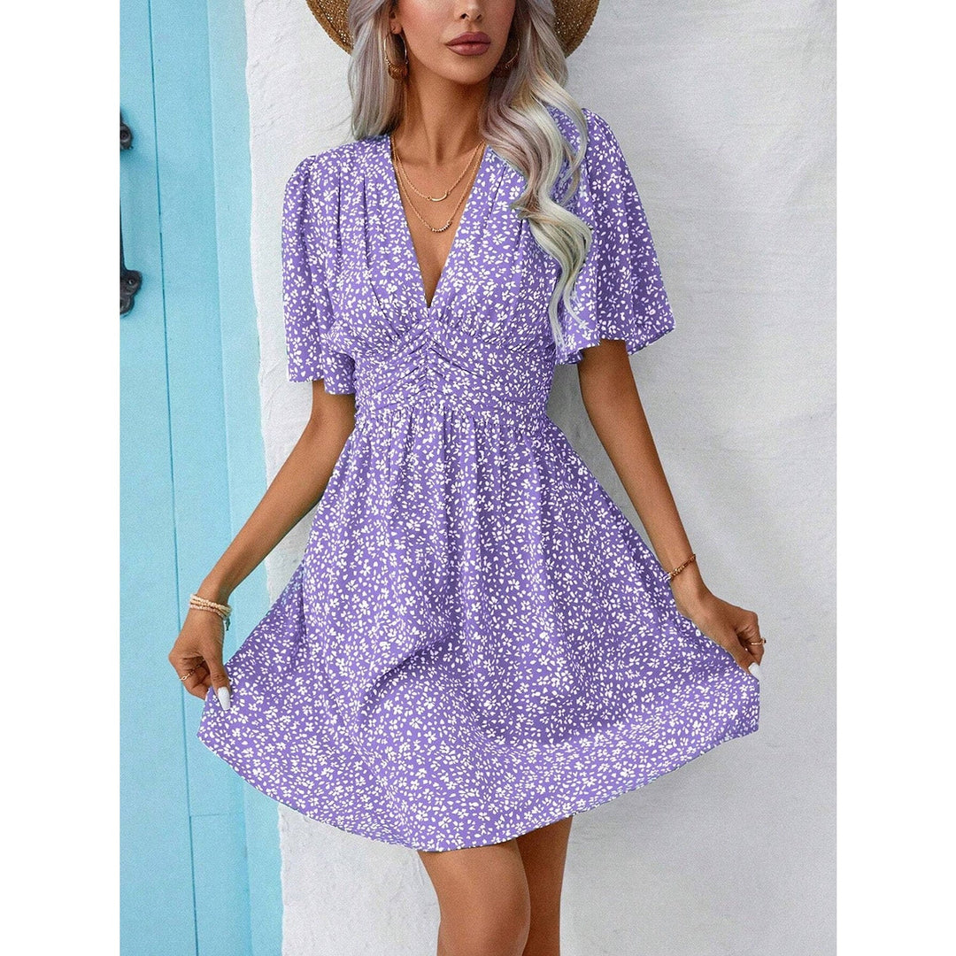 Printed V - Neck Half Sleeve Mini Dress - SharpDuds