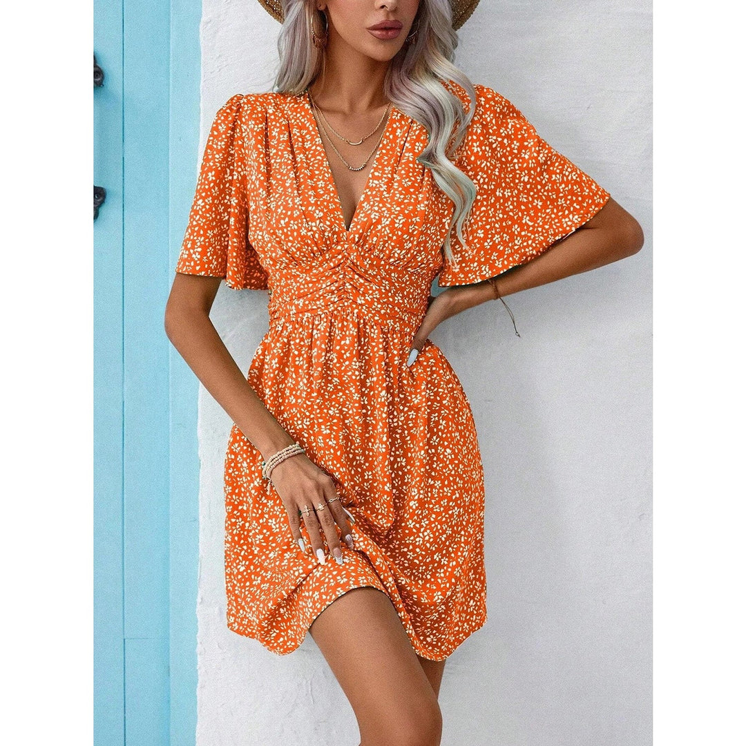 Printed V - Neck Half Sleeve Mini Dress - SharpDuds