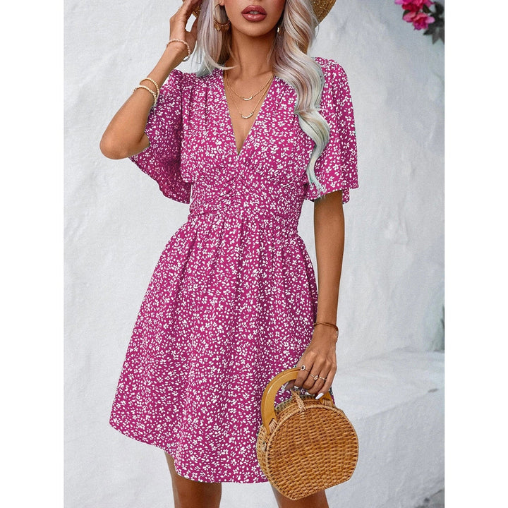 Printed V - Neck Half Sleeve Mini Dress - SharpDuds