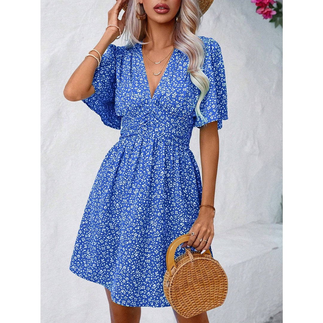 Printed V - Neck Half Sleeve Mini Dress - SharpDuds