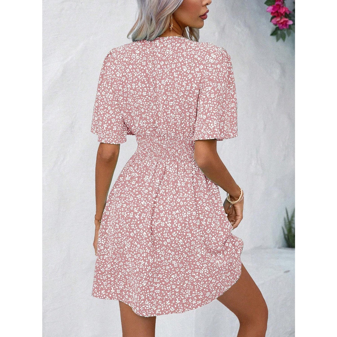 Printed V - Neck Half Sleeve Mini Dress - SharpDuds