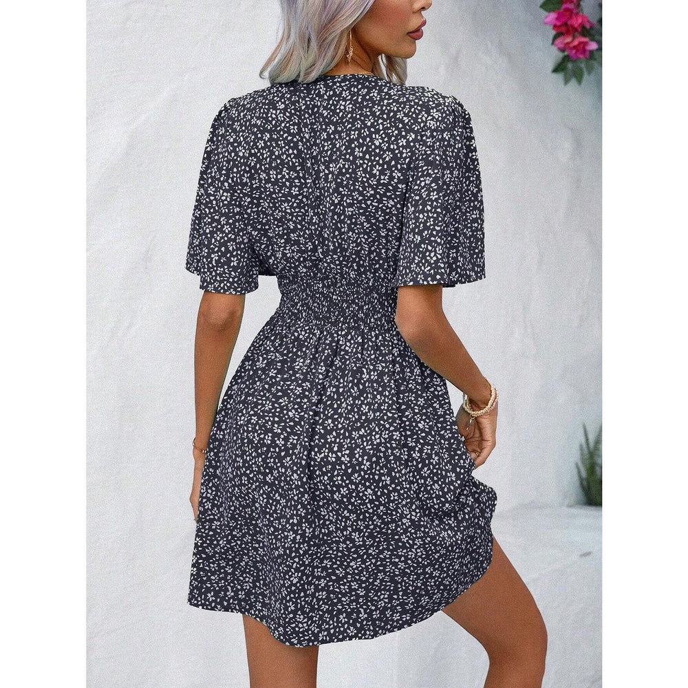 Printed V - Neck Half Sleeve Mini Dress - SharpDuds