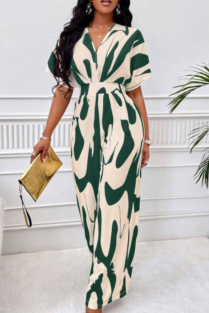 Printed V - Neck Short Sleeve Wide Leg Jumpsuit - SharpDuds