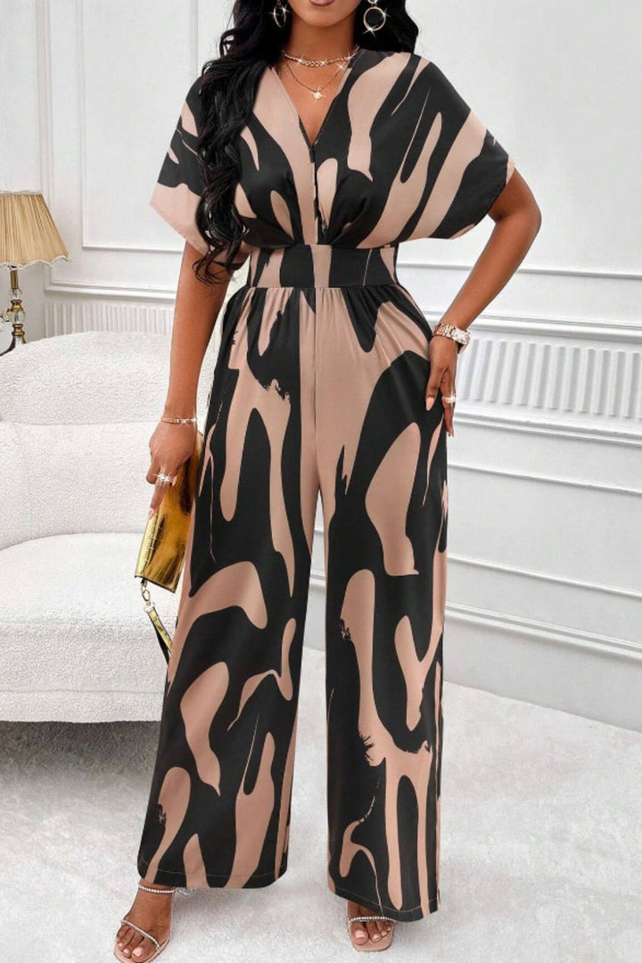 Printed V - Neck Short Sleeve Wide Leg Jumpsuit - SharpDuds