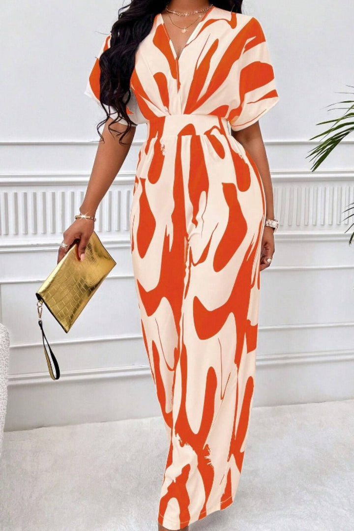 Printed V - Neck Short Sleeve Wide Leg Jumpsuit - SharpDuds