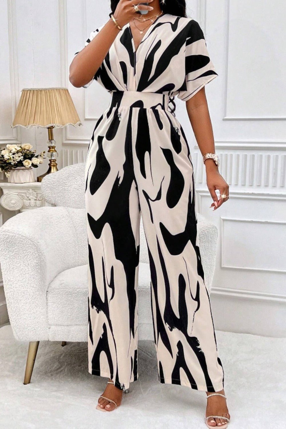 Printed V - Neck Short Sleeve Wide Leg Jumpsuit - SharpDuds