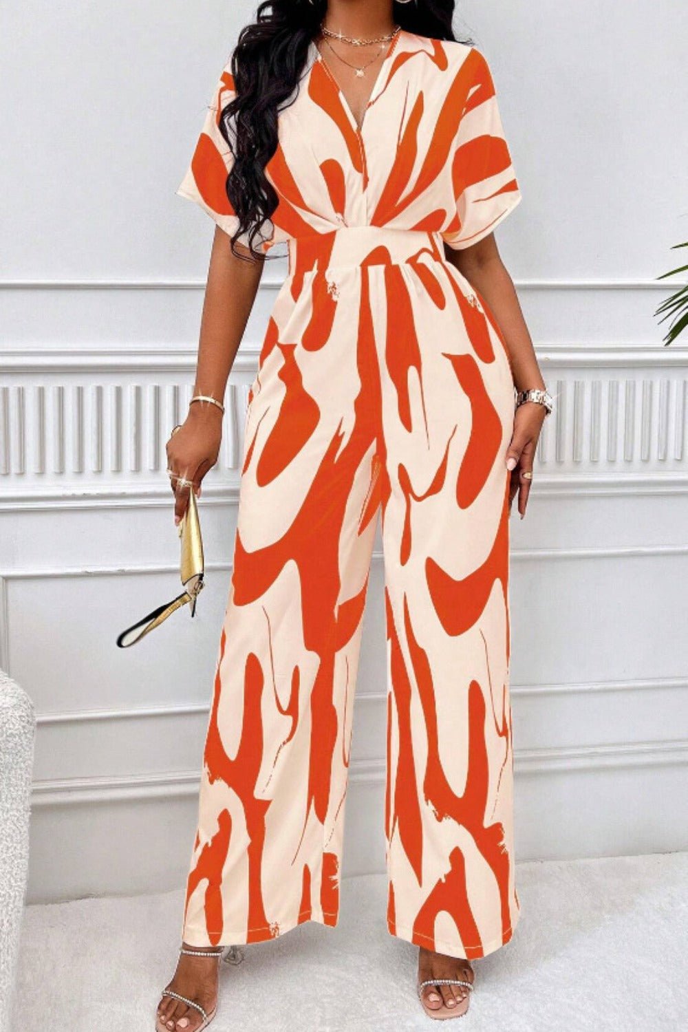 Printed V - Neck Short Sleeve Wide Leg Jumpsuit - SharpDuds