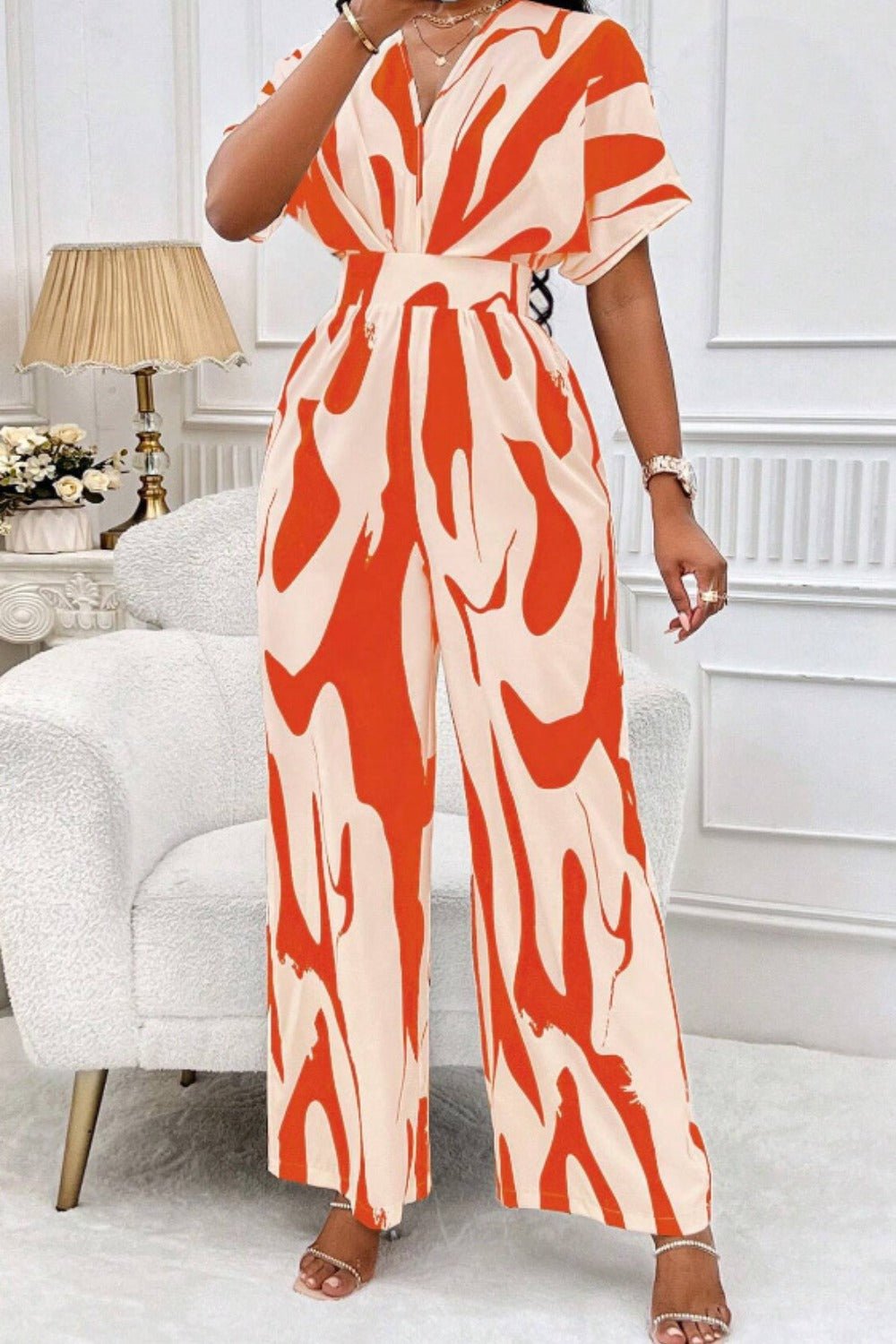 Printed V - Neck Short Sleeve Wide Leg Jumpsuit - SharpDuds