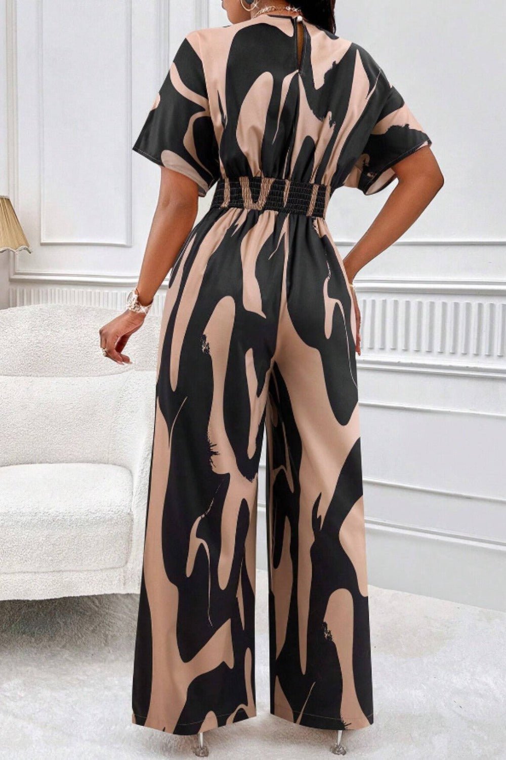 Printed V - Neck Short Sleeve Wide Leg Jumpsuit - SharpDuds