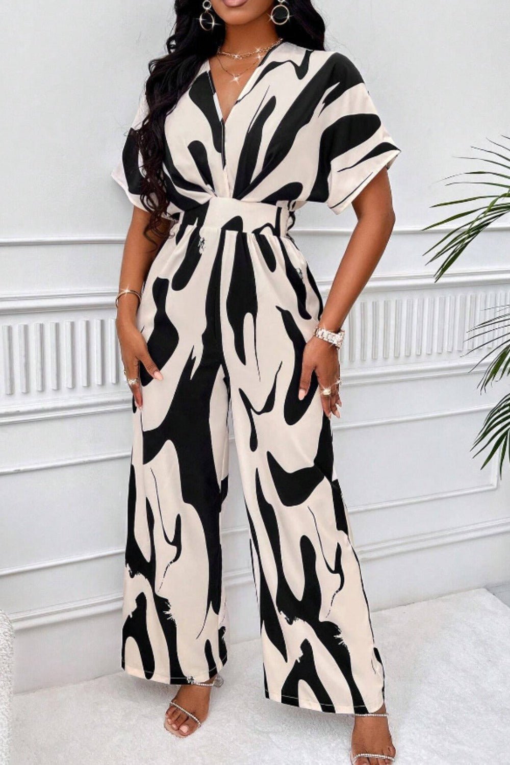 Printed V - Neck Short Sleeve Wide Leg Jumpsuit - SharpDuds