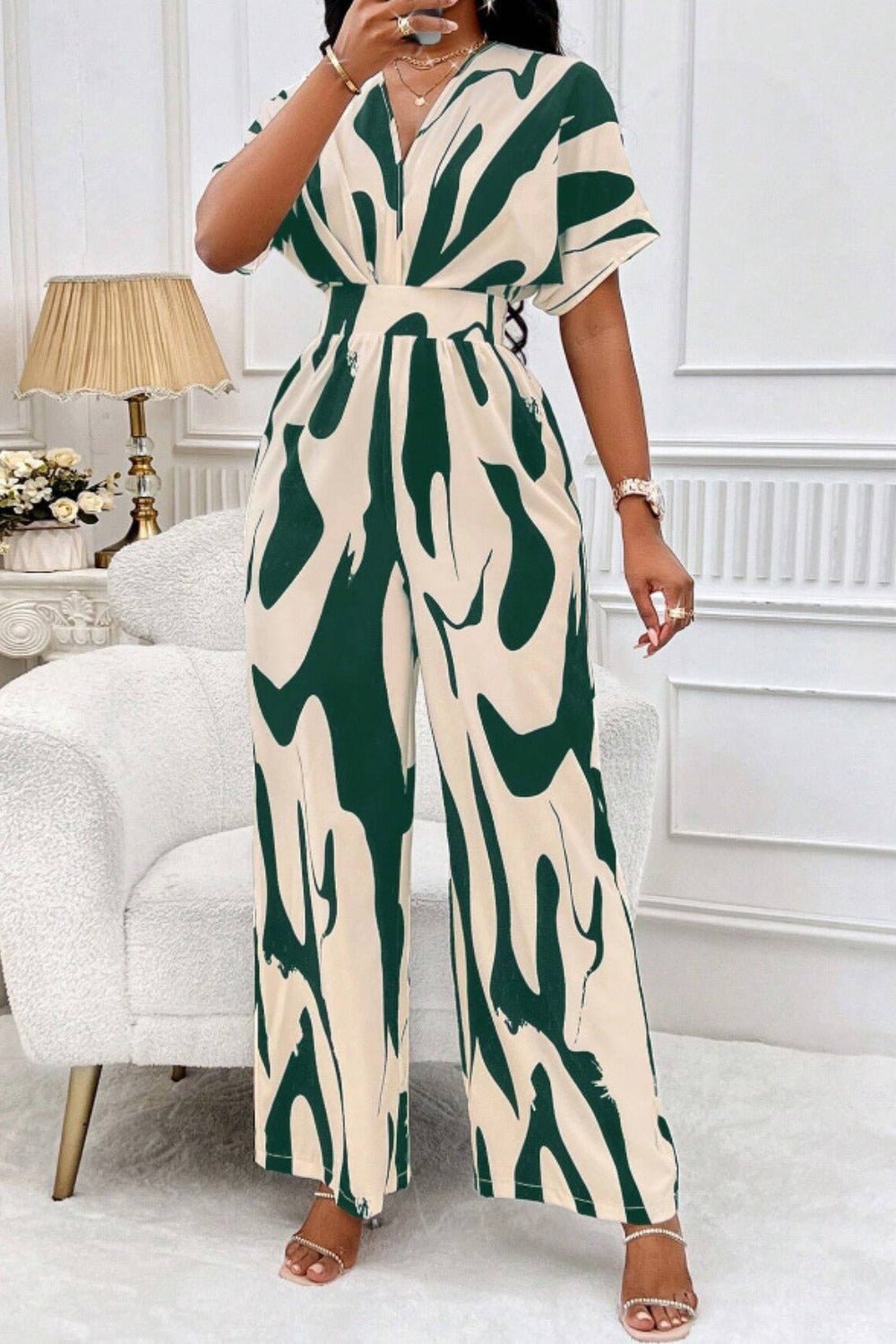 Printed V - Neck Short Sleeve Wide Leg Jumpsuit - SharpDuds