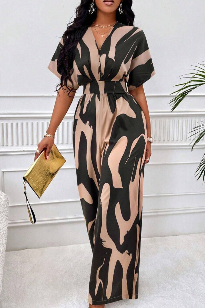 Printed V - Neck Short Sleeve Wide Leg Jumpsuit - SharpDuds