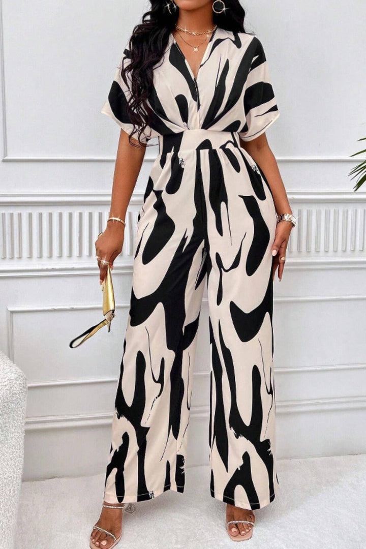 Printed V - Neck Short Sleeve Wide Leg Jumpsuit - SharpDuds