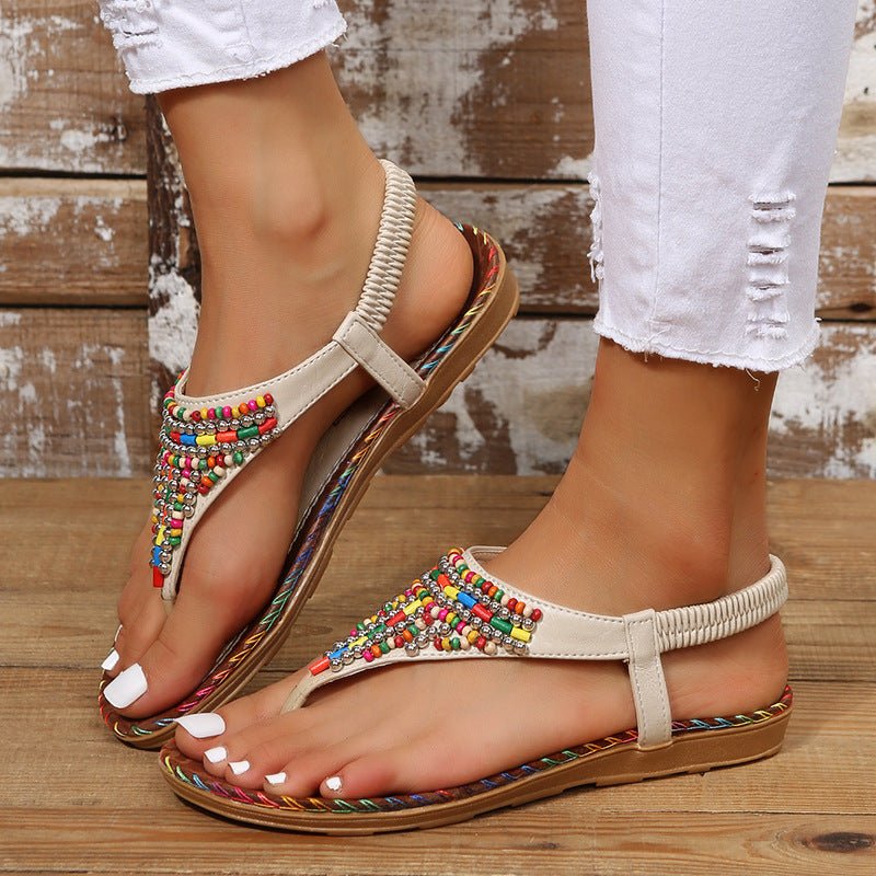 PU Leather Beaded Flat Sandals - SharpDuds