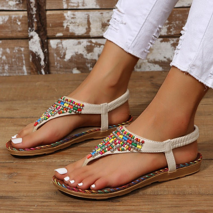 PU Leather Beaded Flat Sandals - SharpDuds