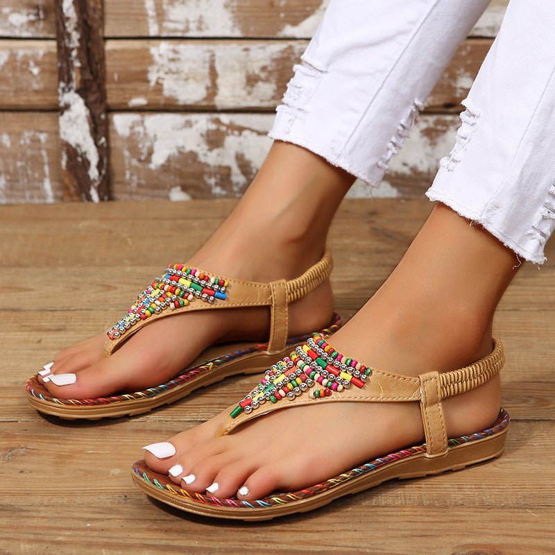 PU Leather Beaded Flat Sandals - SharpDuds