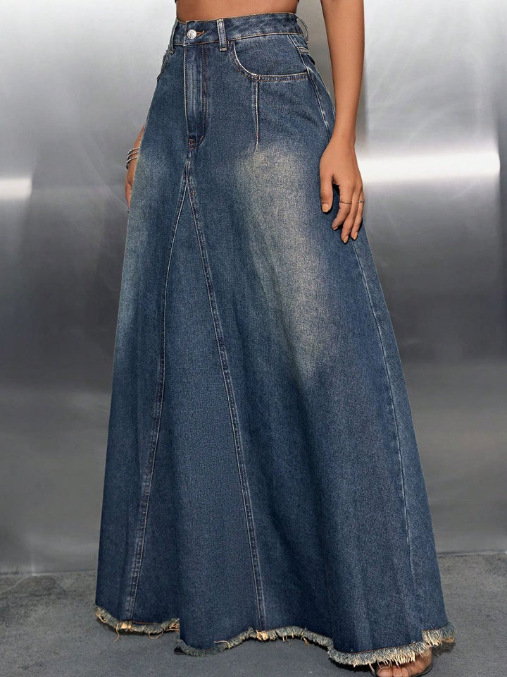 Raw Hem High Waist Denim Skirt with Pockets - SharpDuds