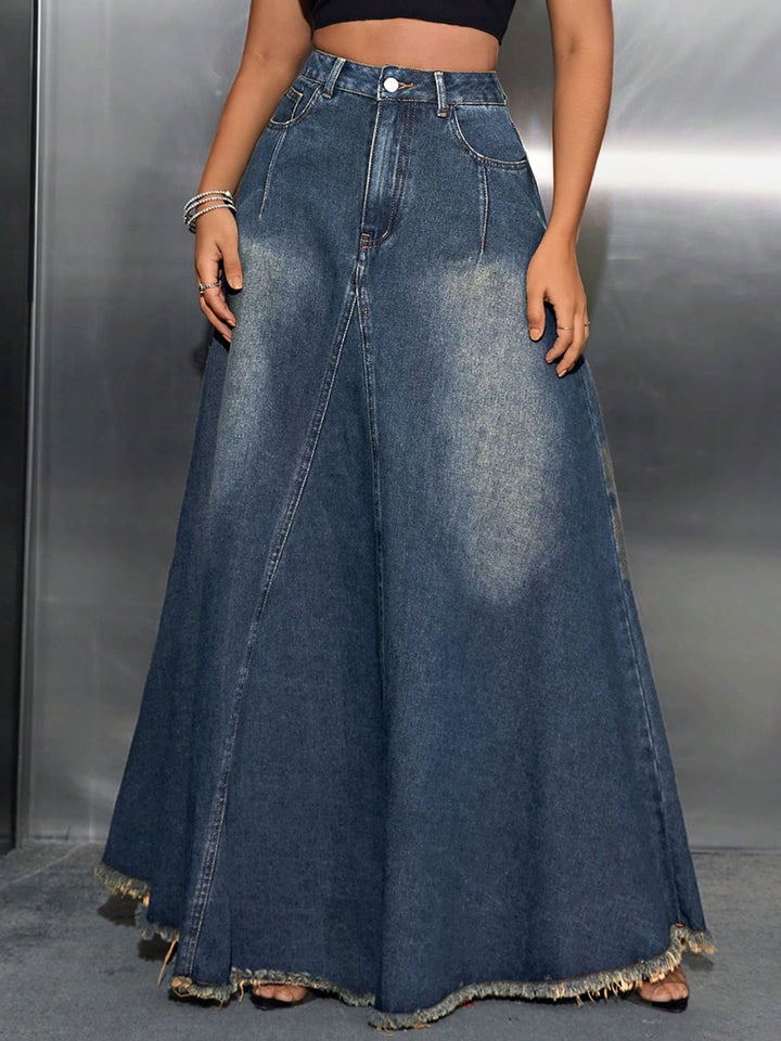 Raw Hem High Waist Denim Skirt with Pockets - SharpDuds