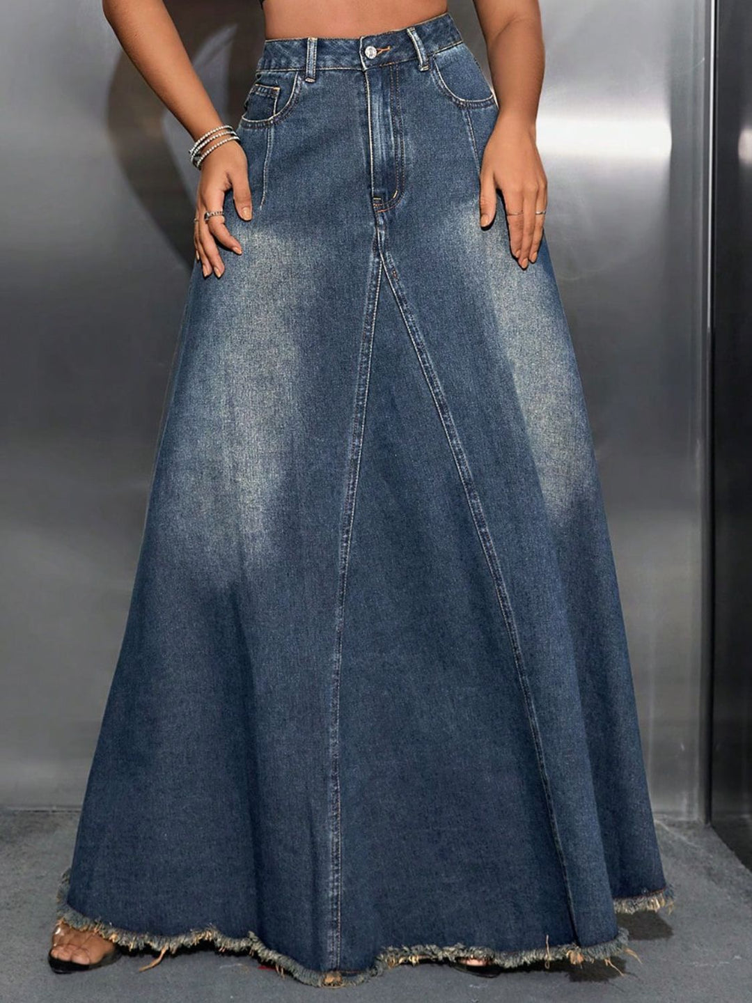 Raw Hem High Waist Denim Skirt with Pockets - SharpDuds