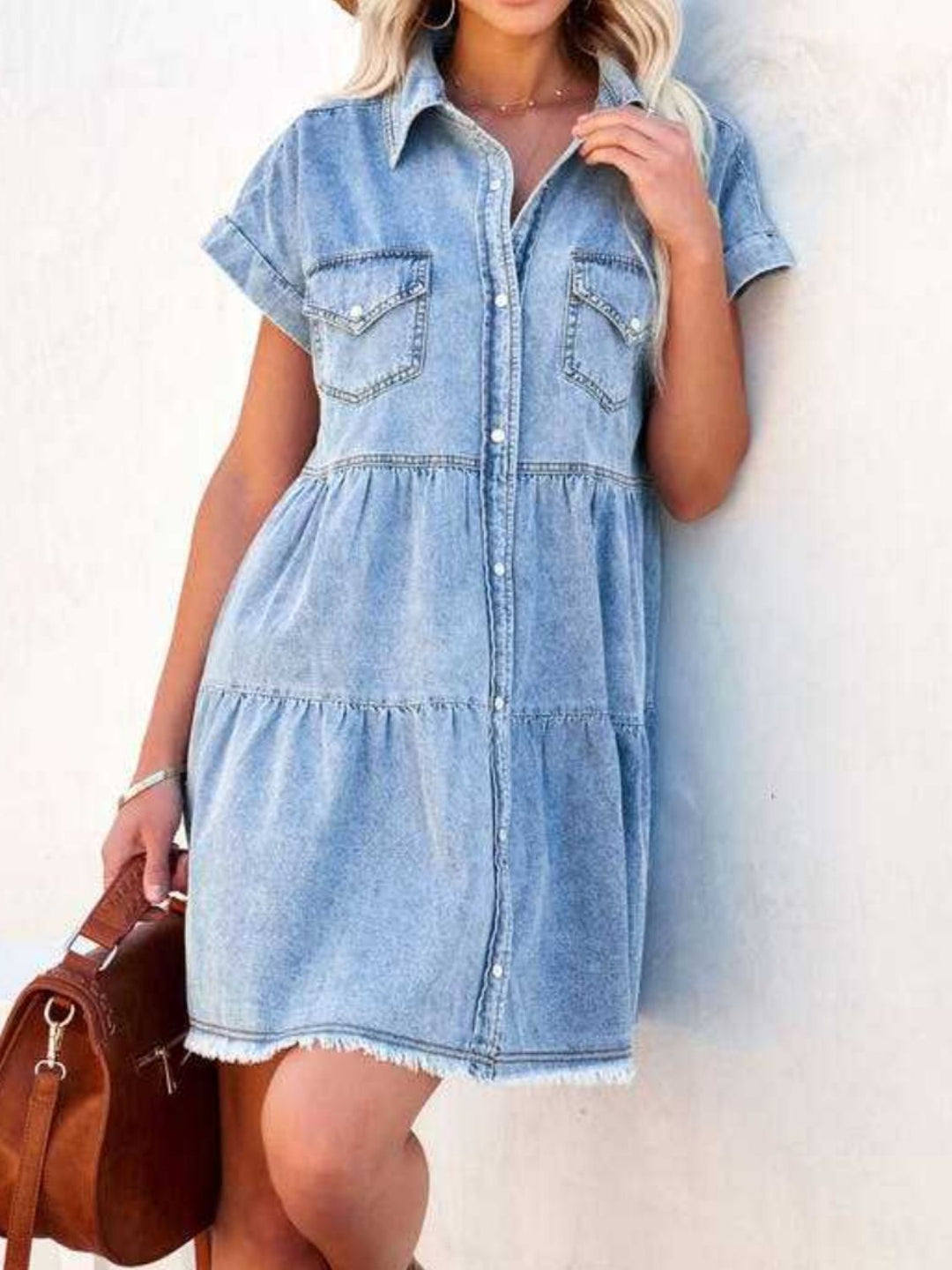 Raw Hem Short Sleeve Denim Dress - SharpDuds