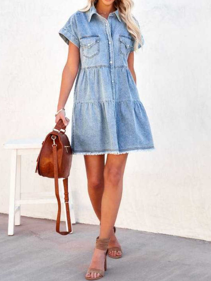 Raw Hem Short Sleeve Denim Dress - SharpDuds