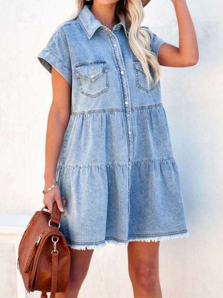 Raw Hem Short Sleeve Denim Dress - SharpDuds