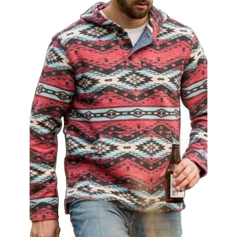 Retro Geometric Print Button Up Hoodie - www.SharpDuds.com