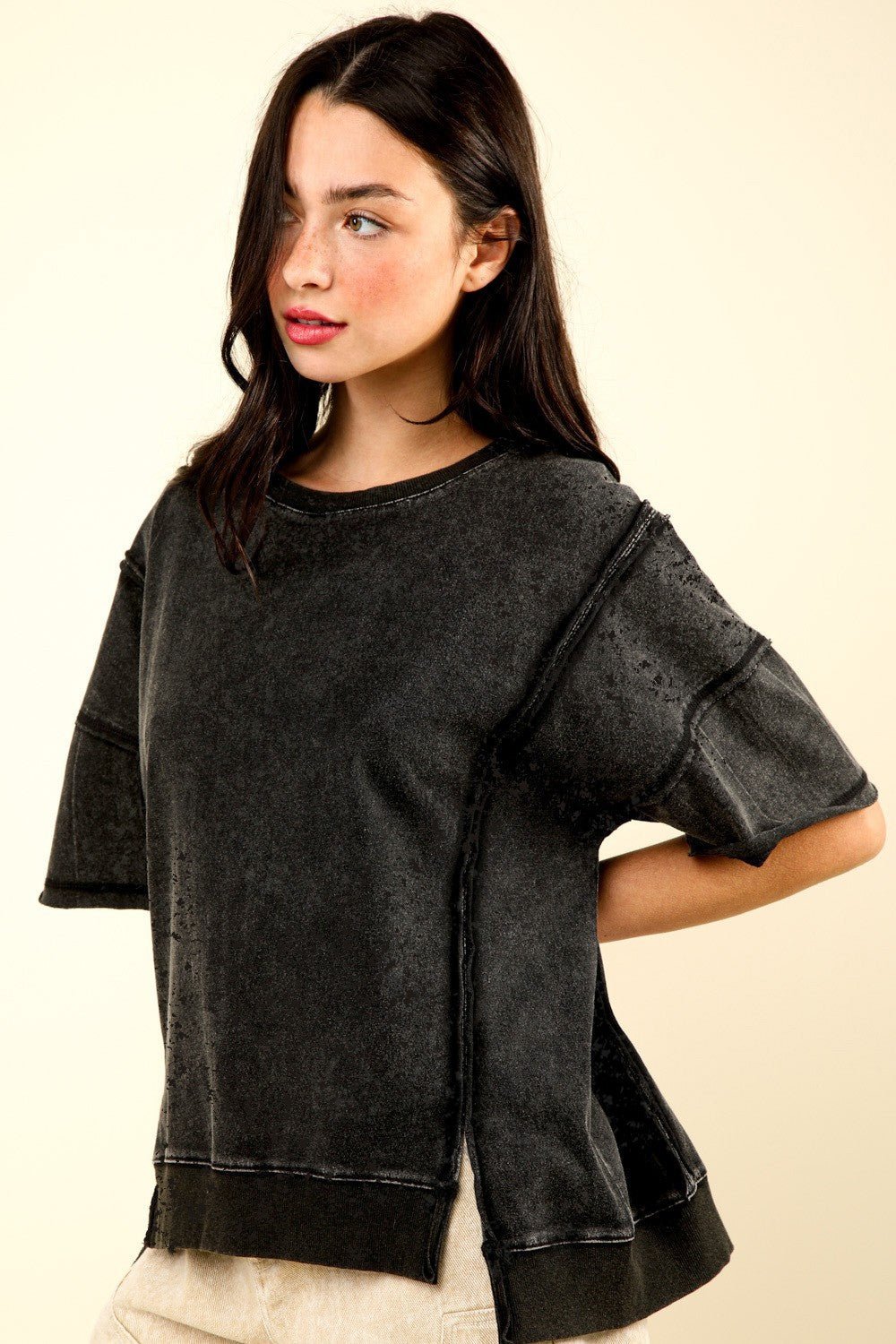 Round Neck Exposed Seam Slit T - Shirt - SharpDuds