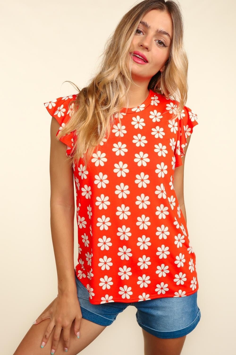 Round Neck Ruffled Floral Contrast Knit Top - SharpDuds