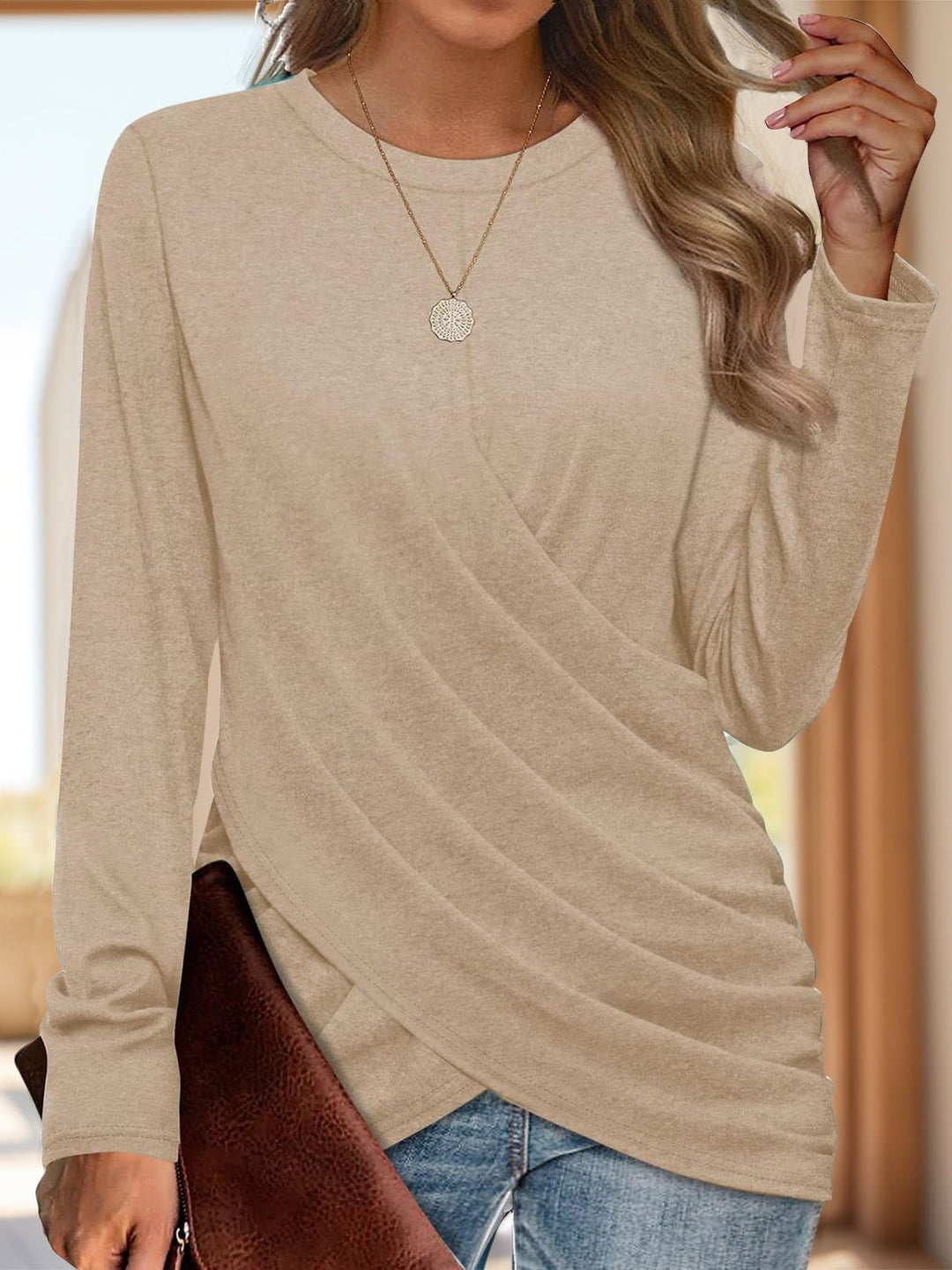 Ruched Round Neck Long Sleeve T-Shirt - SharpDuds