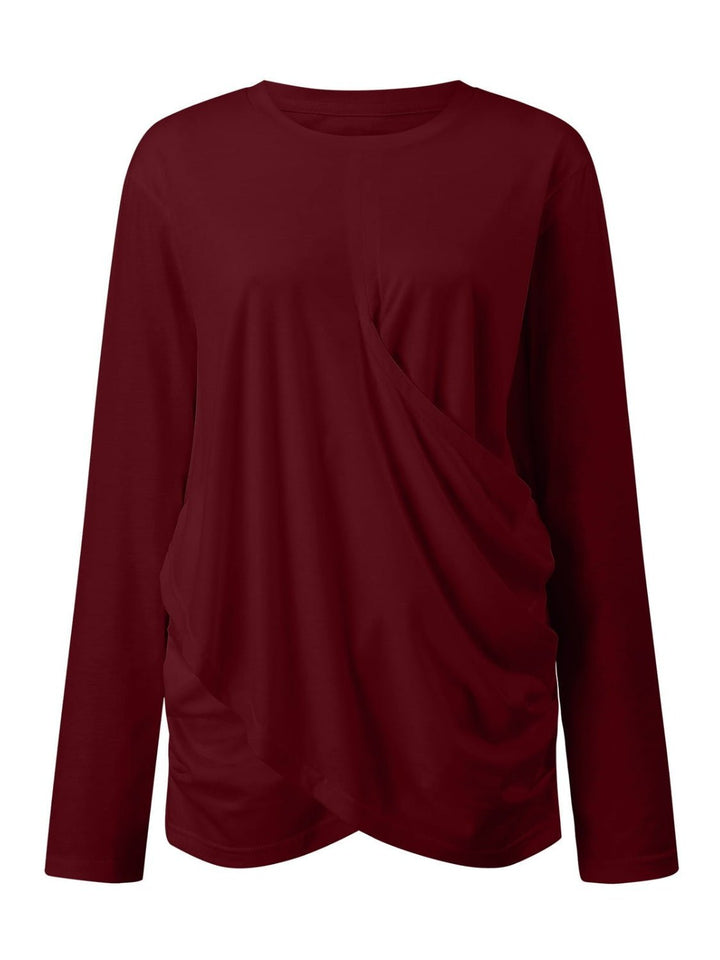 Ruched Round Neck Long Sleeve T-Shirt - SharpDuds